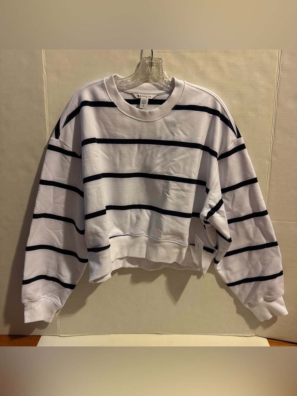 Athleta Heavyweight Terry Ultra Crop Crew Sweatshirt White Stripe Size Large NWT